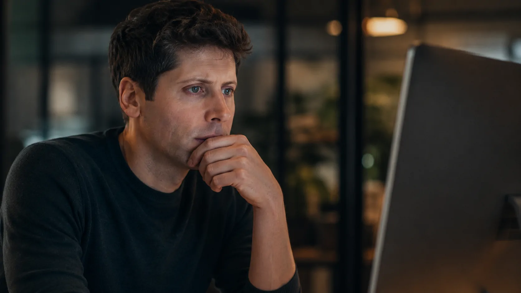 Sam Altman diante de uma tela de computador com e-mails e elementos de inteligência artificial