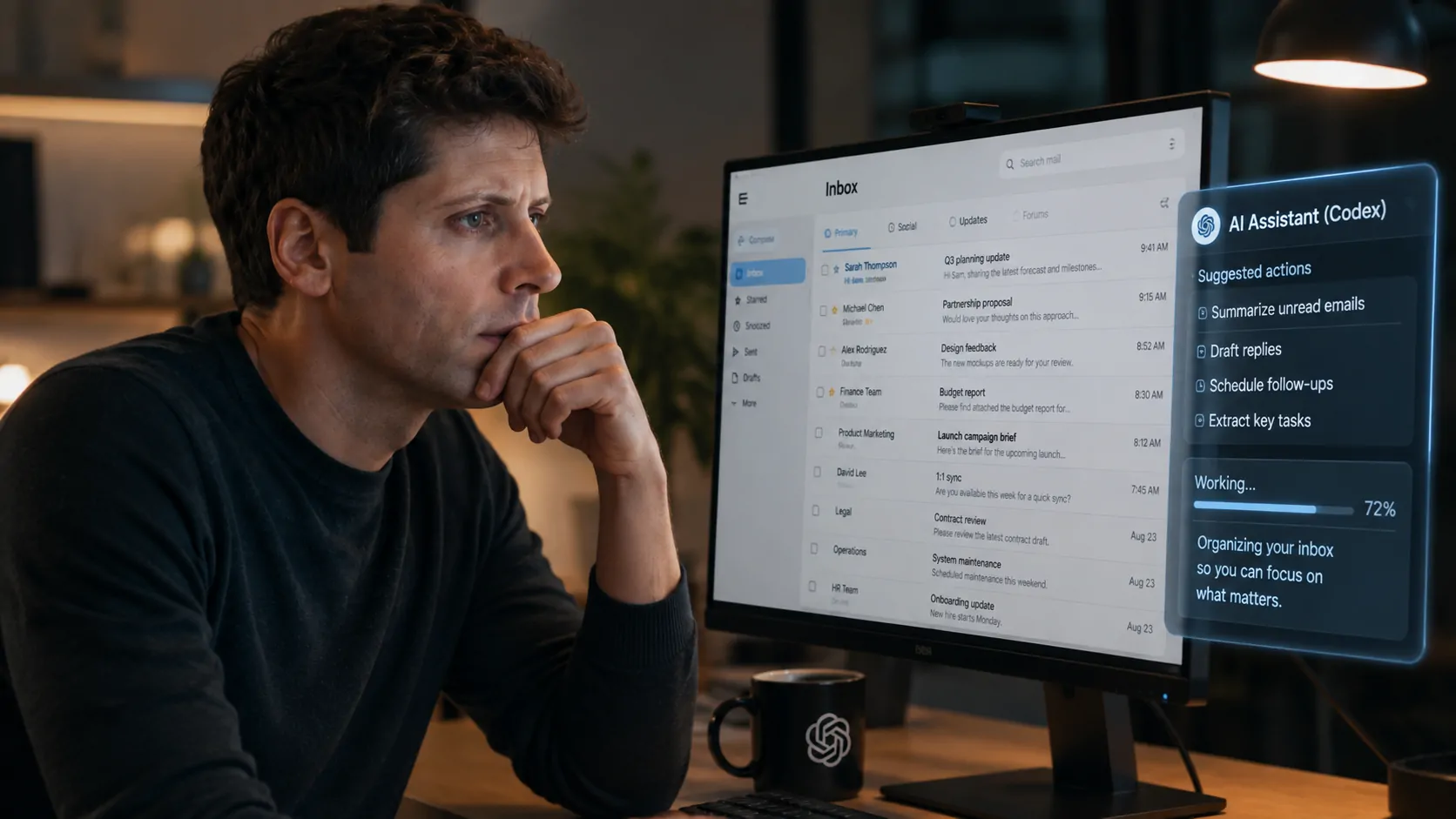 Sam Altman trabalhando diante de uma caixa de entrada de e-mails enquanto uma interface de IA aparece ao lado