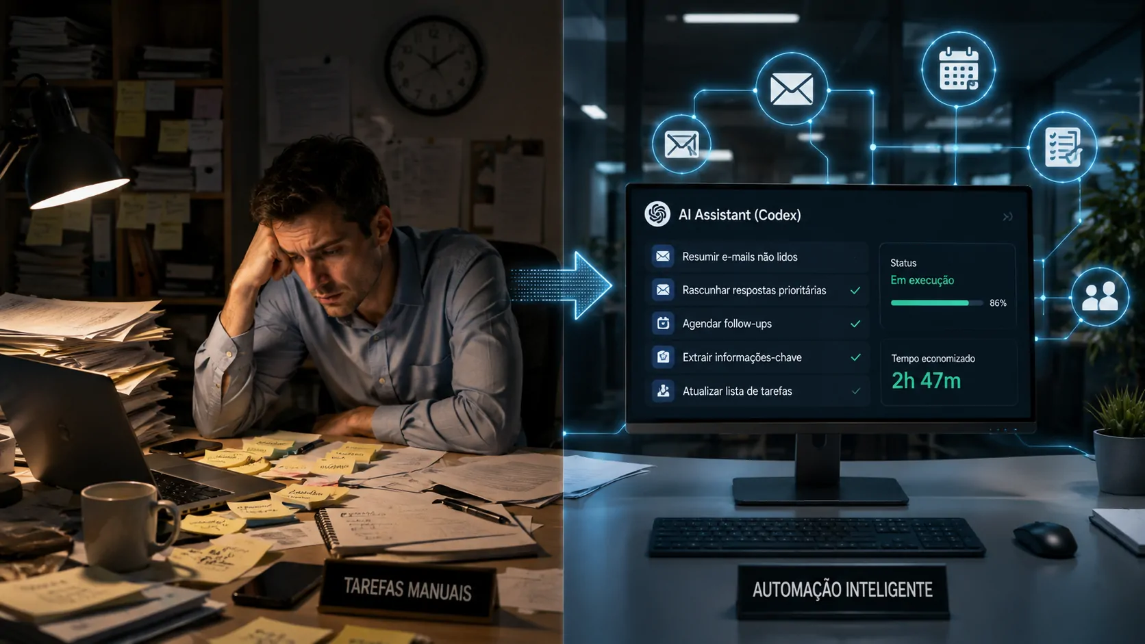 Representação de um fluxo corporativo dividido entre tarefas manuais e agentes de inteligência artificial