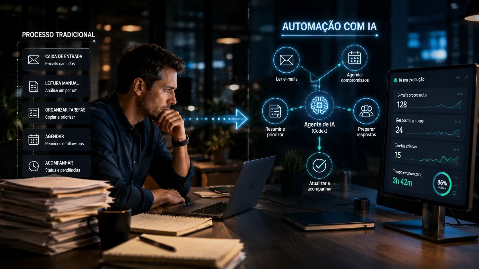 Executivo diante de um ambiente de trabalho híbrido, com processos tradicionais de computador sendo substituídos gradualmente por agentes de IA