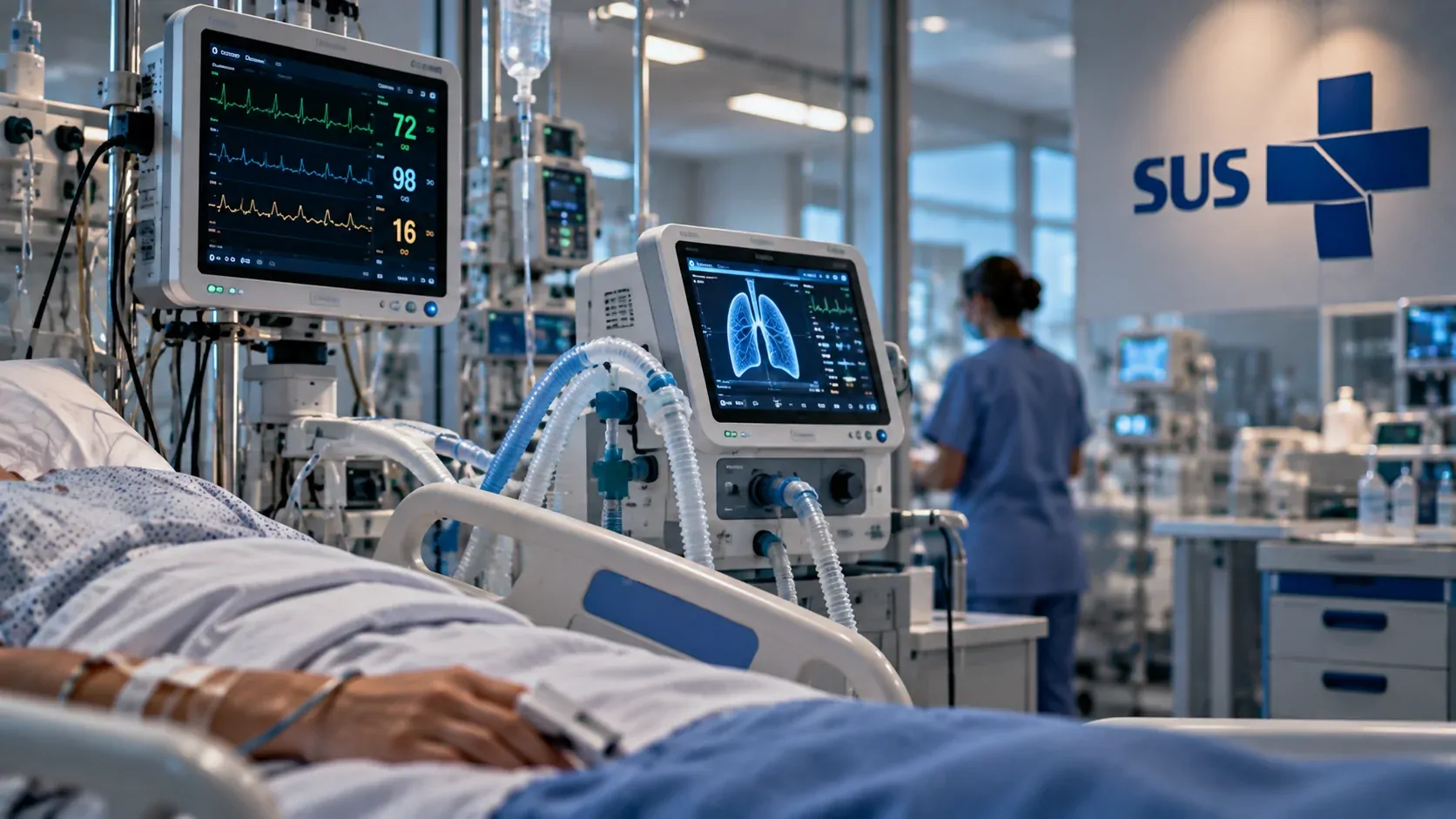 Leito de UTI inteligente com equipamentos médicos conectados a sistemas digitais de monitoramento