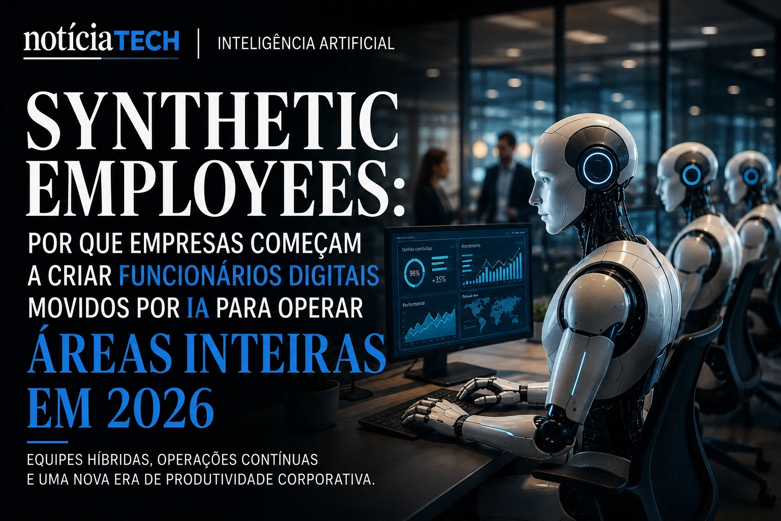 Funcionários digitais de IA operando sistemas corporativos em ambiente empresarial moderno