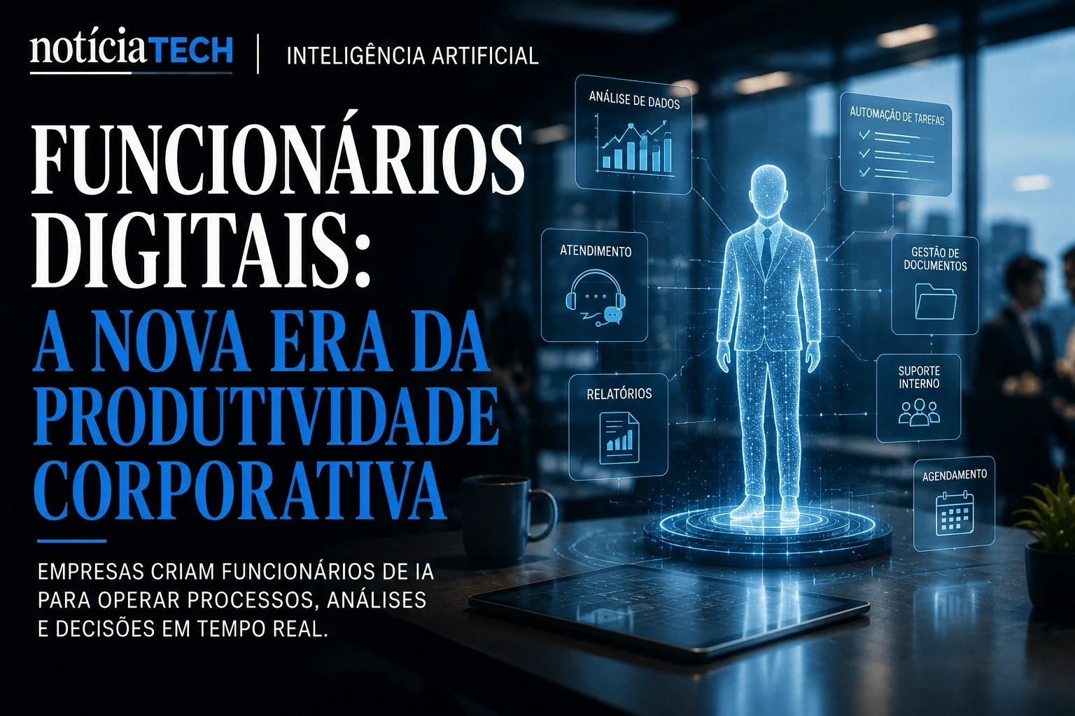 Funcionários digitais operando sistemas corporativos