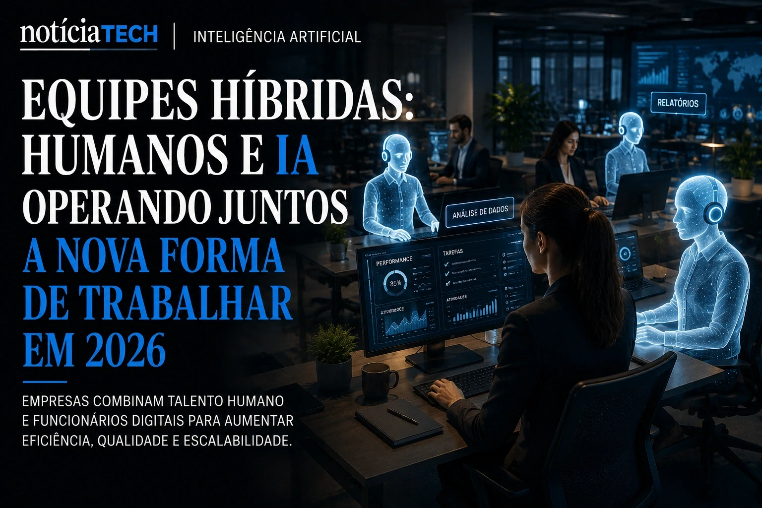 Equipe híbrida entre humanos e IA em operação corporativa