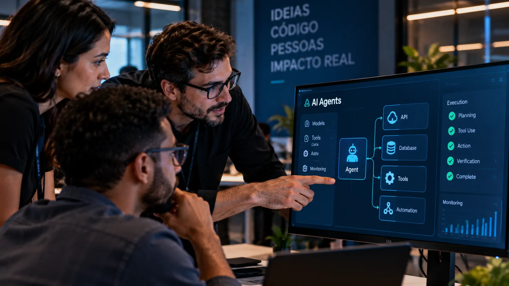 Profissionais de tecnologia analisam aplicações de agentes de inteligência artificial em ambiente corporativo