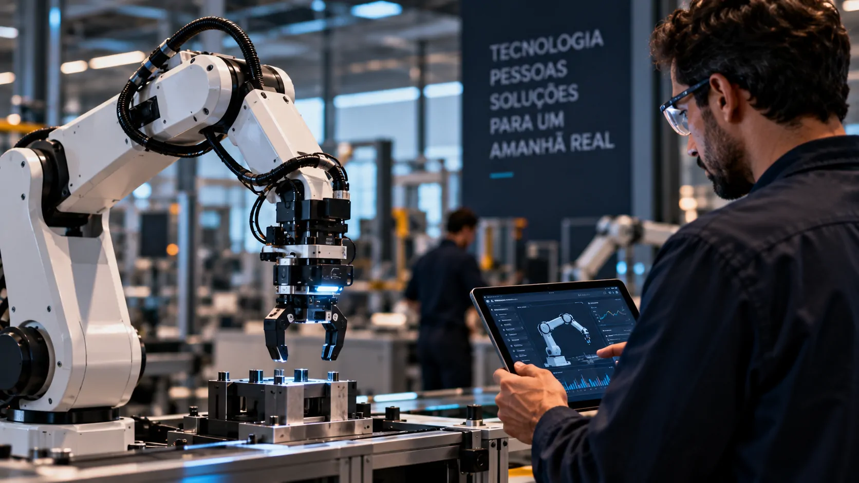 Robô industrial equipado com sistemas de inteligência artificial em ambiente de produção