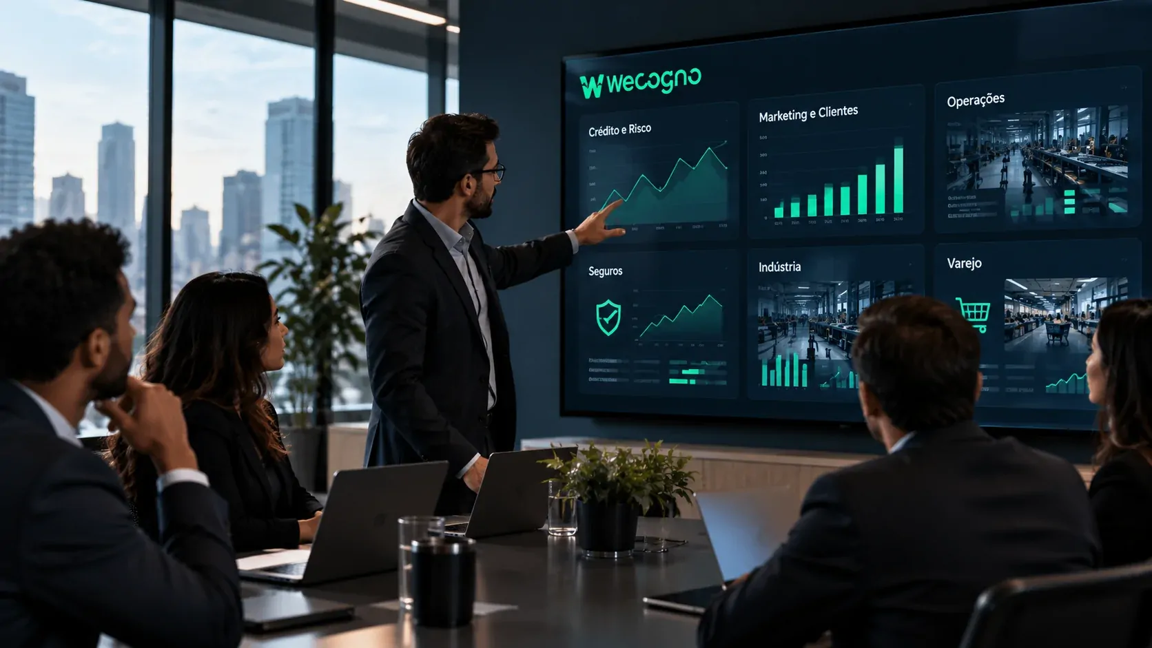 Executivos analisando indicadores e modelos preditivos de diferentes setores em uma interface de inteligência empresarial
