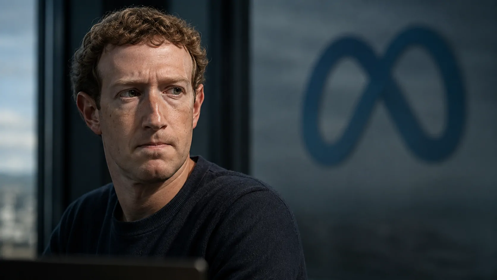 Mark Zuckerberg diante de uma representação de agentes de inteligência artificial reorganizando equipes da Meta