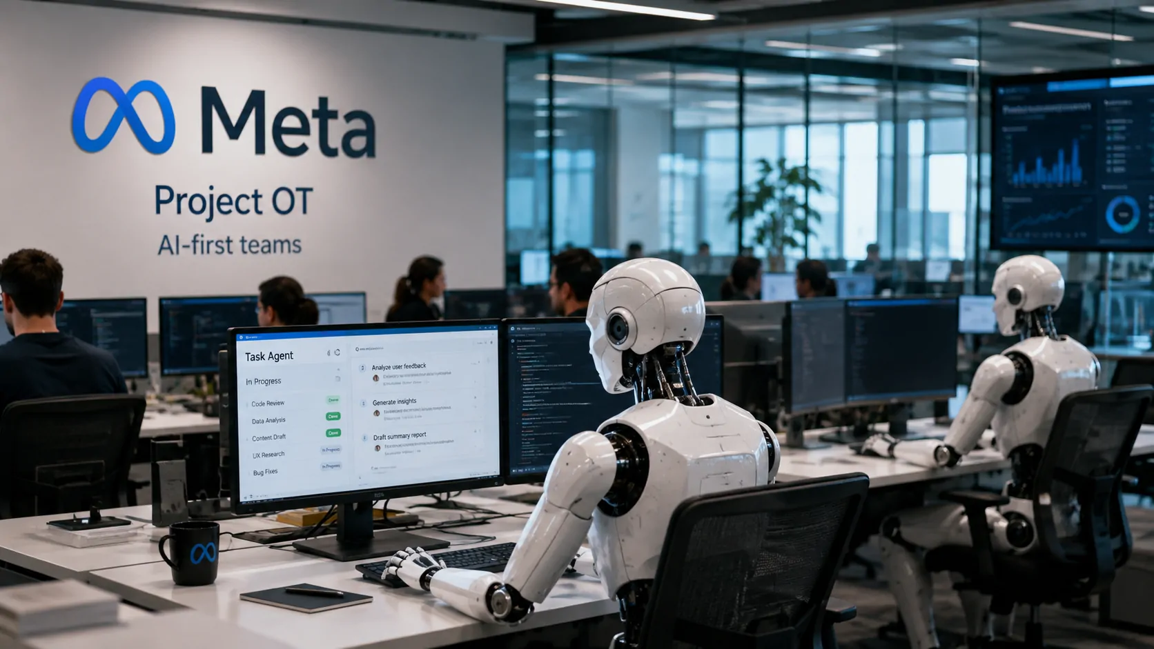 Representação de equipes da Meta trabalhando ao lado de agentes de inteligência artificial em uma estrutura organizacional reduzida