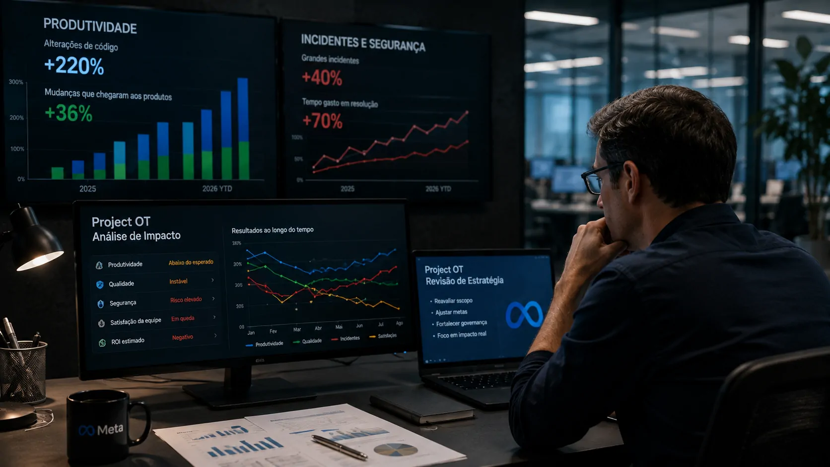 Gestores analisando indicadores de produtividade, custos e incidentes após a implantação de agentes de IA