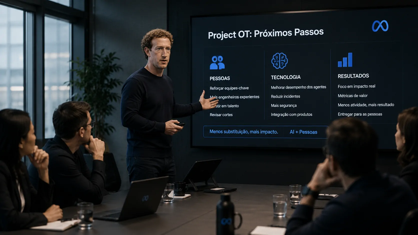 Executivos avaliando uma nova estratégia de inteligência artificial com equipes humanas e agentes trabalhando em conjunto