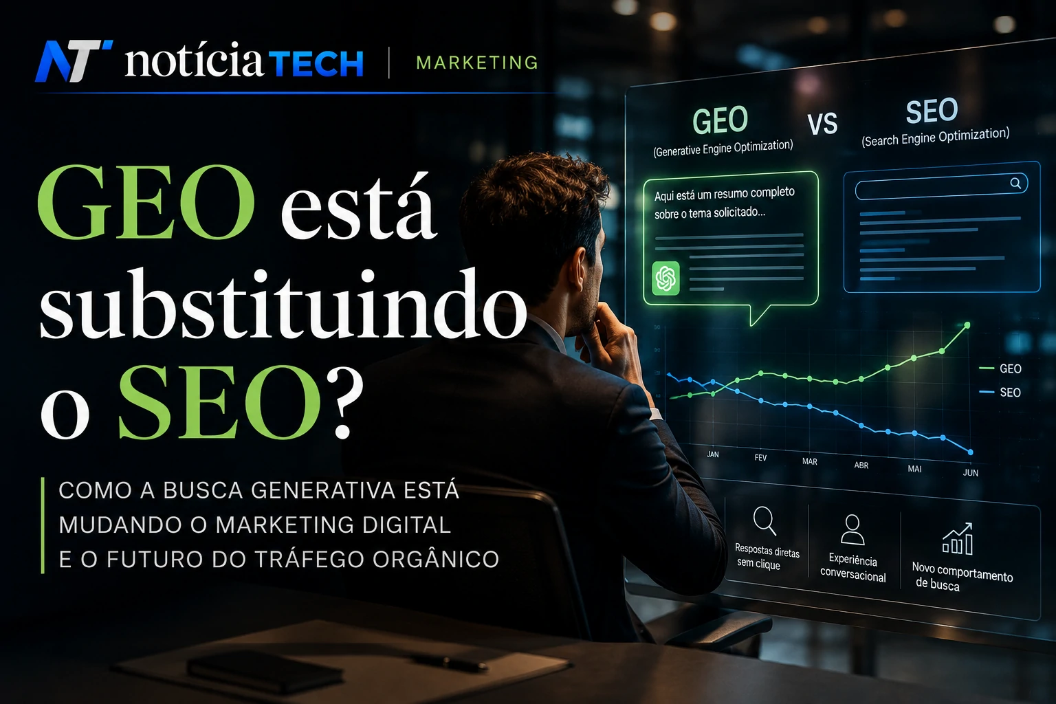 Executivo analisando interfaces de busca generativa e SEO em ambiente corporate tech