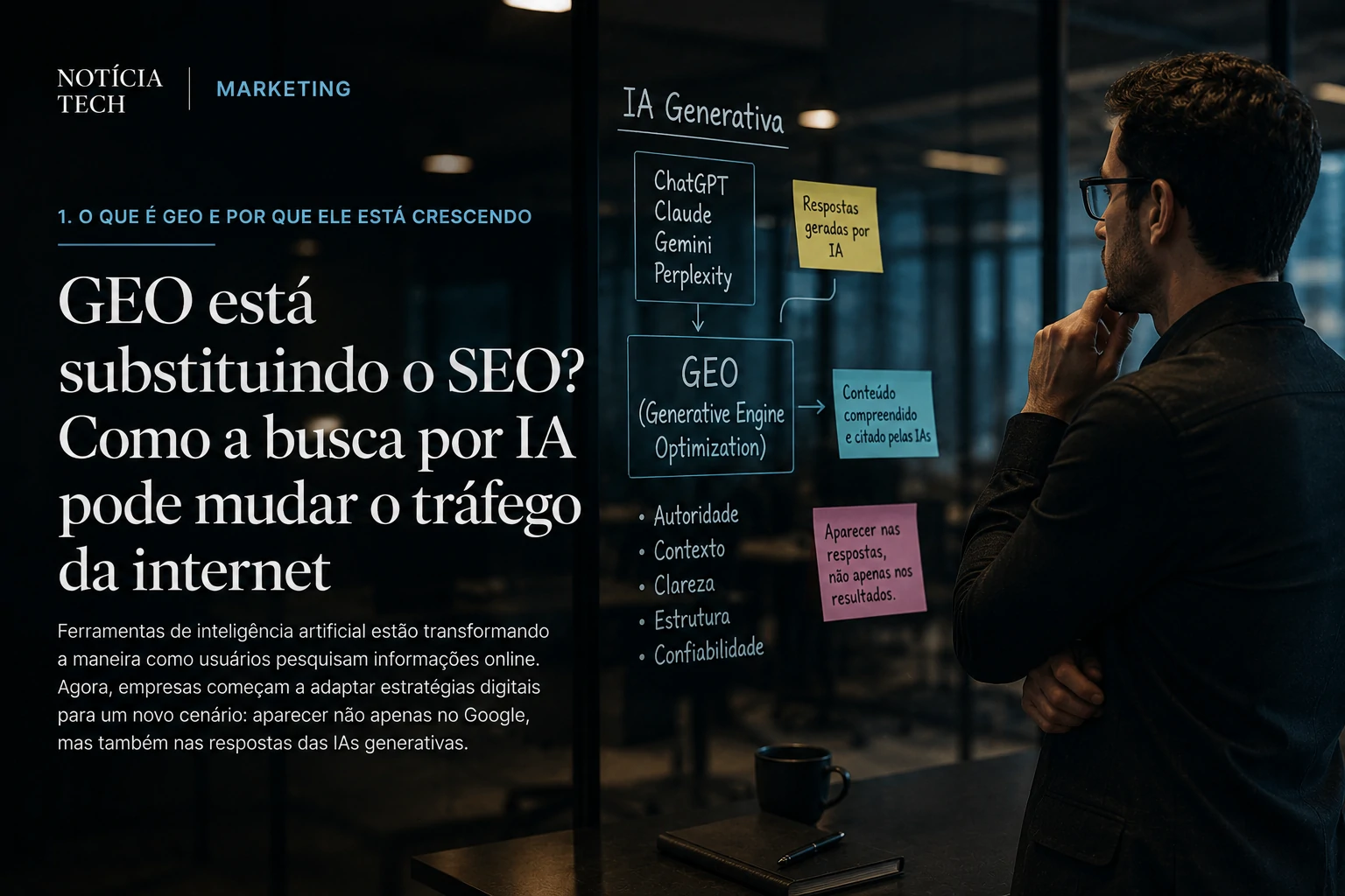 Executivo observando interfaces de busca generativa e análise de tráfego digital em ambiente corporativo moderno