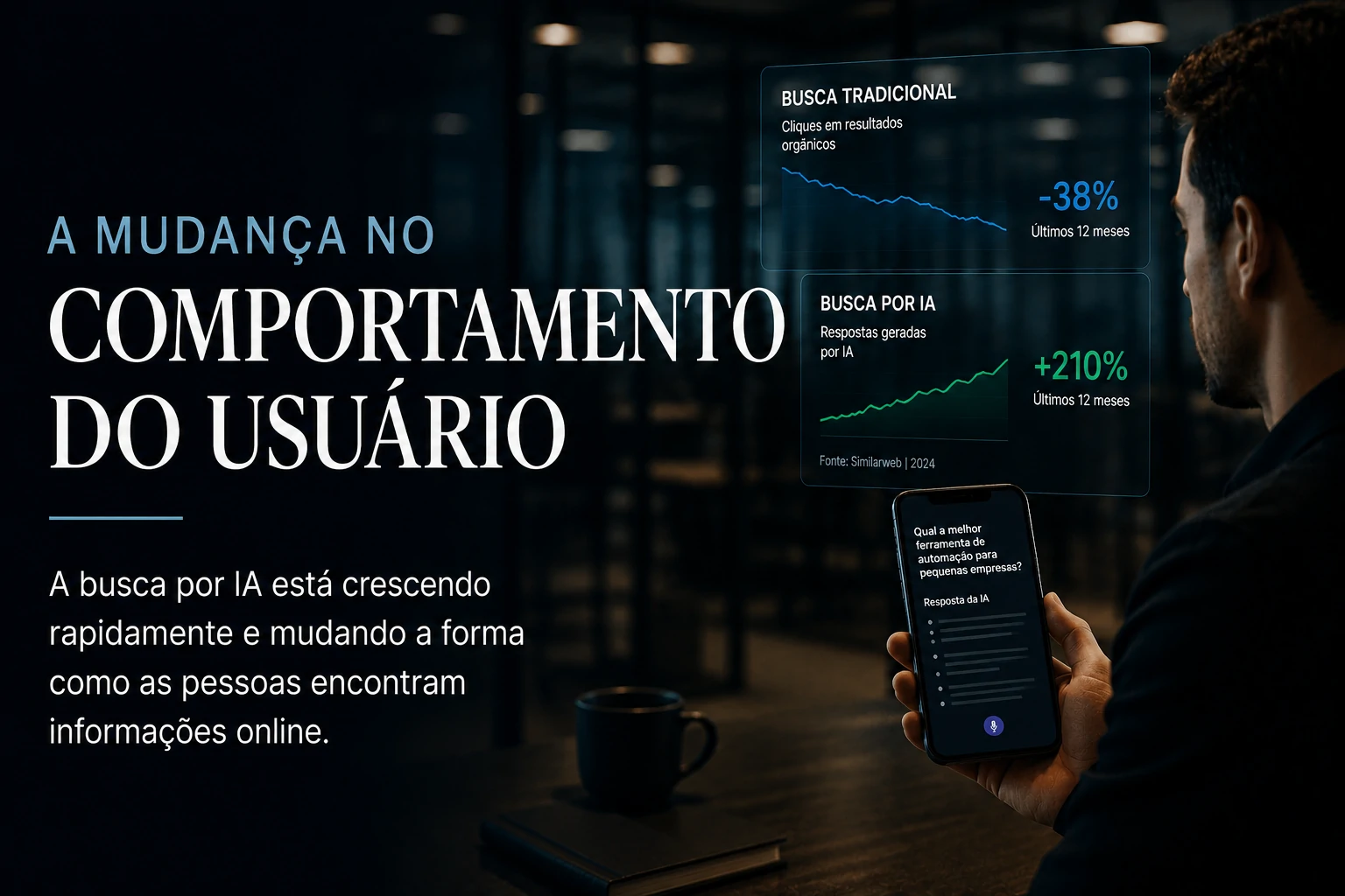 Painéis digitais exibindo crescimento da busca por IA e queda no modelo tradicional de pesquisa
