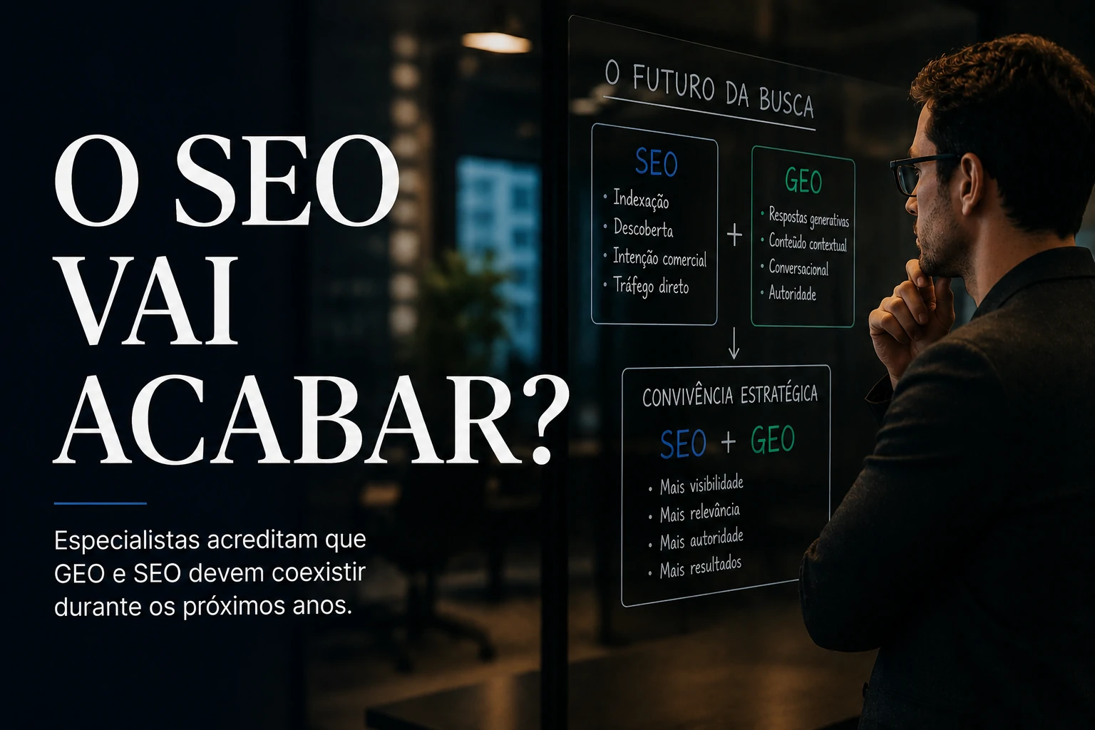 Ambiente corporate tech mostrando integração entre IA generativa, conteúdo e estratégias digitais modernas