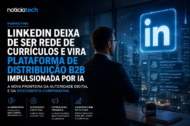 Executivo analisando crescimento de autoridade no LinkedIn com inteligência artificial e distribuição B2B