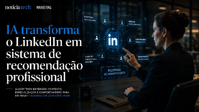 Interface futurista mostrando IA organizando distribuição de conteúdo corporativo e conexões profissionais