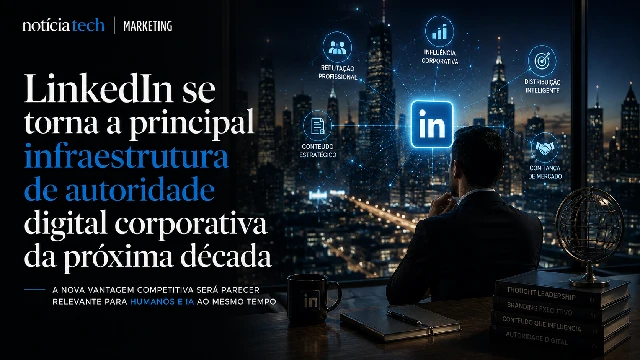 Executiva observando crescimento de influência corporativa em ambiente digital alimentado por IA