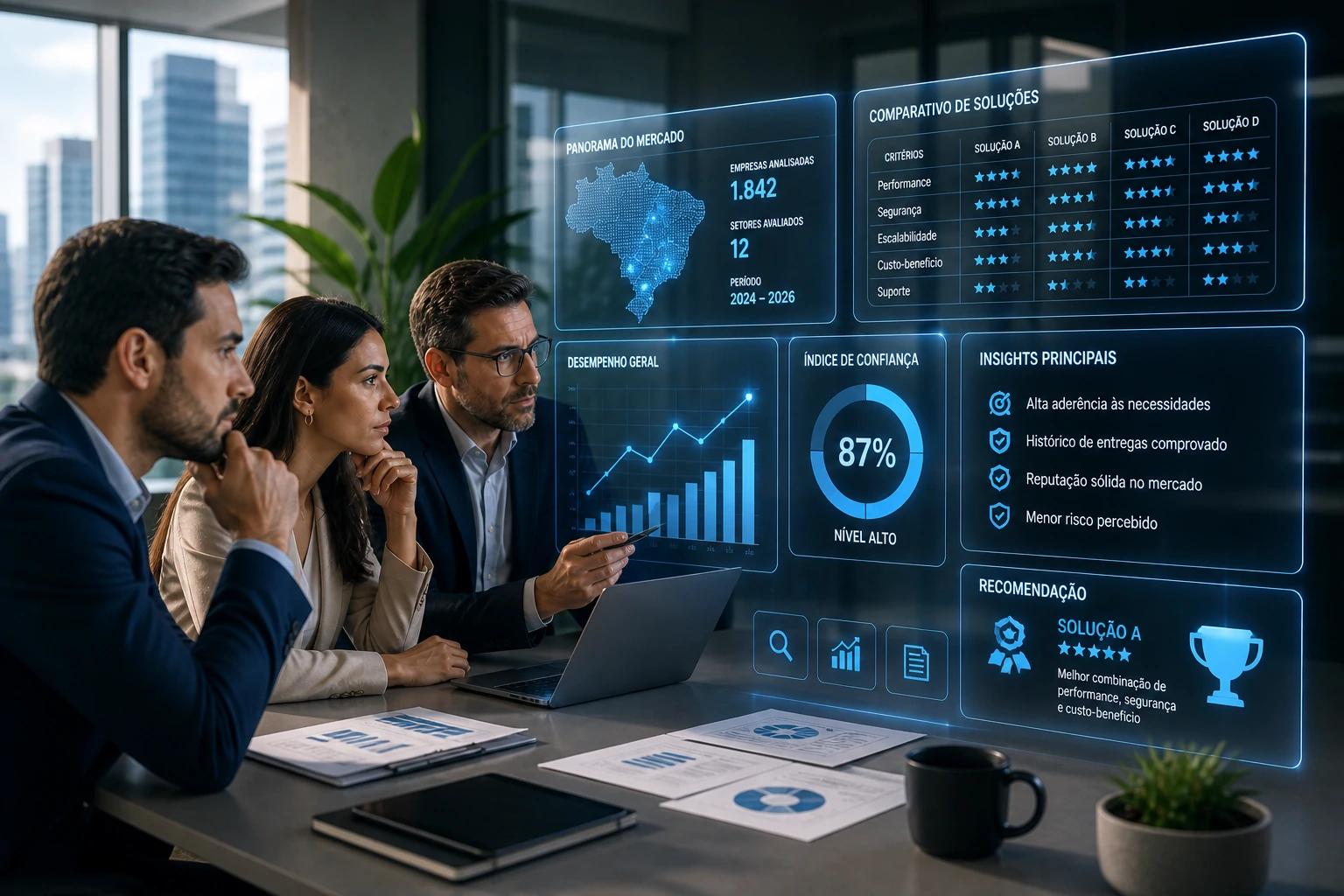 Equipe de marketing integrando dados, IA e estratégia comercial em empresa brasileira
