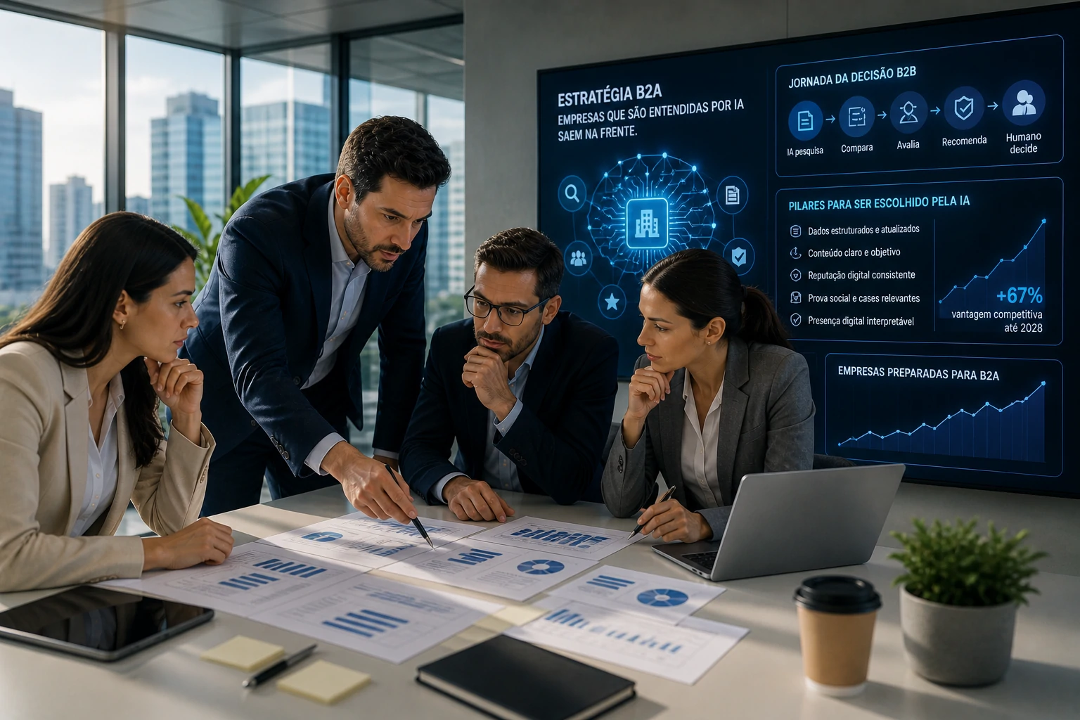 Estrategista digital planejando otimização para motores de busca com inteligência artificial