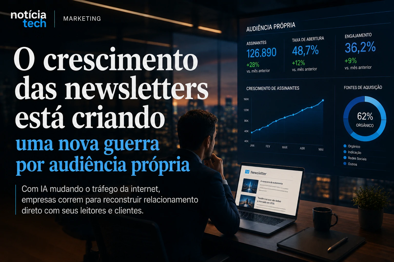 Executivos analisando métricas de newsletters e audiência própria em ambiente corporativo moderno