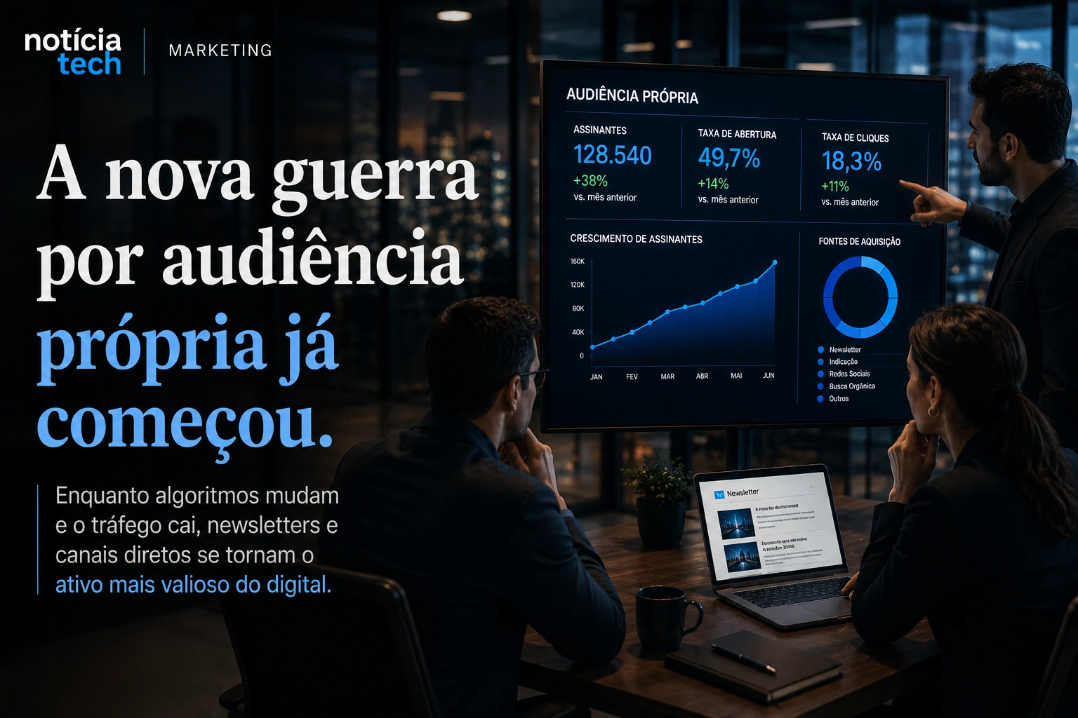 imagem1.webp Executivos analisando crescimento de newsletters e canais próprios em ambiente corporate tech