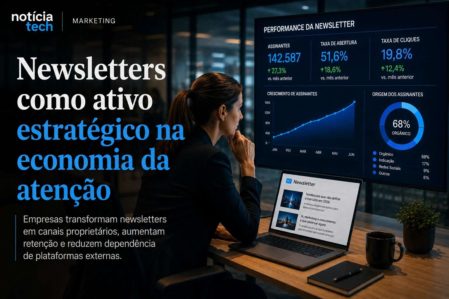 imagem2.webp Equipe de marketing analisando métricas de retenção e conversão de newsletters premium