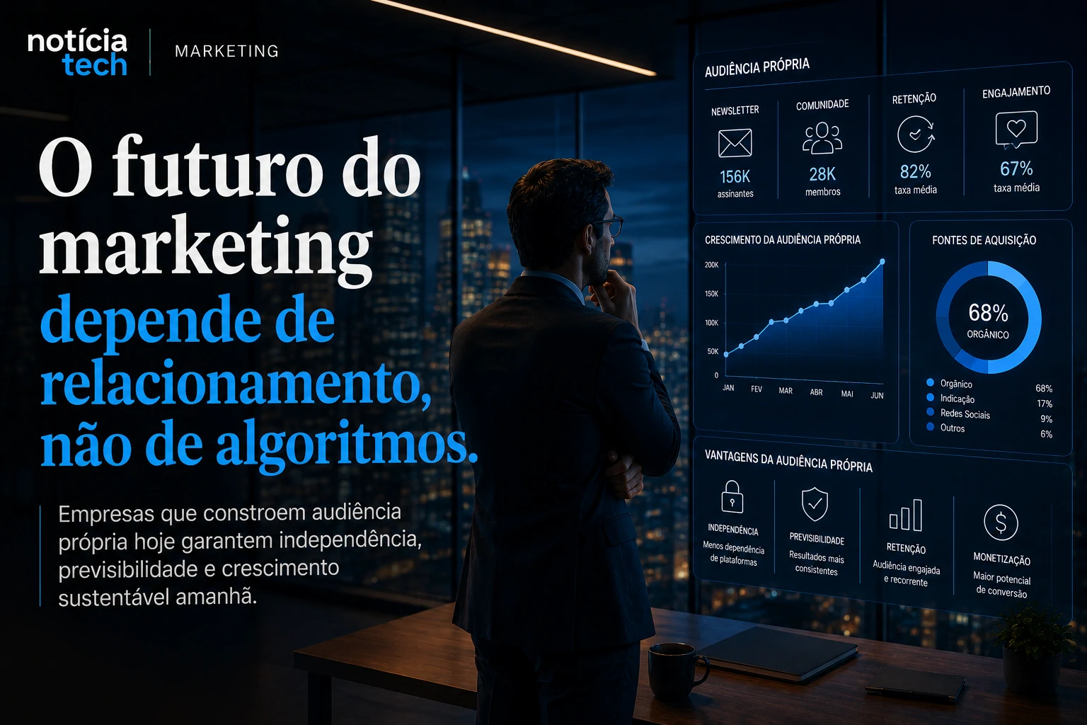 imagem3.webp Executivo observando dashboards de audiência própria e métricas de distribuição digital em skyline corporativo