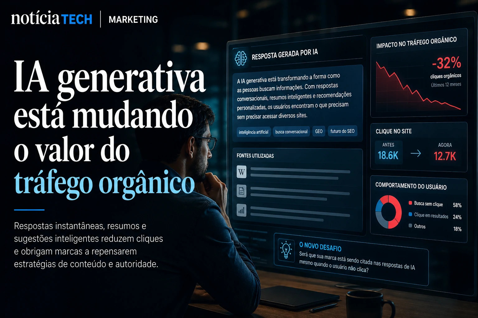Interface futurista mostrando IA resumindo conteúdos e reduzindo cliques em sites