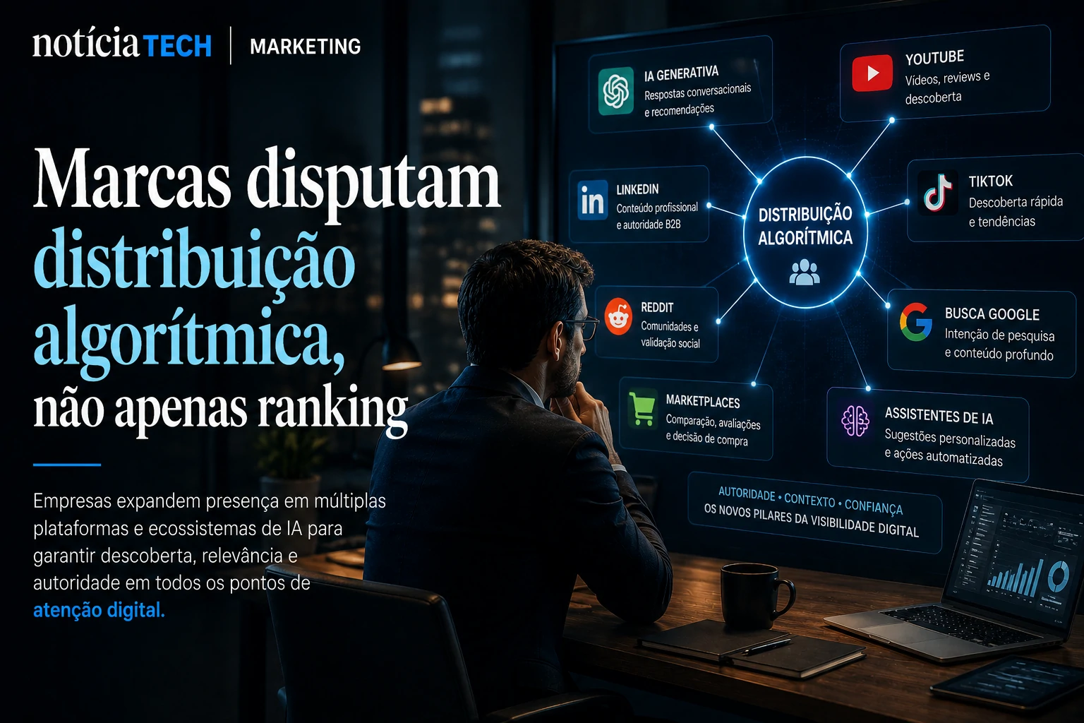 Executivos analisando dashboards de distribuição algorítmica e inteligência de conteúdo