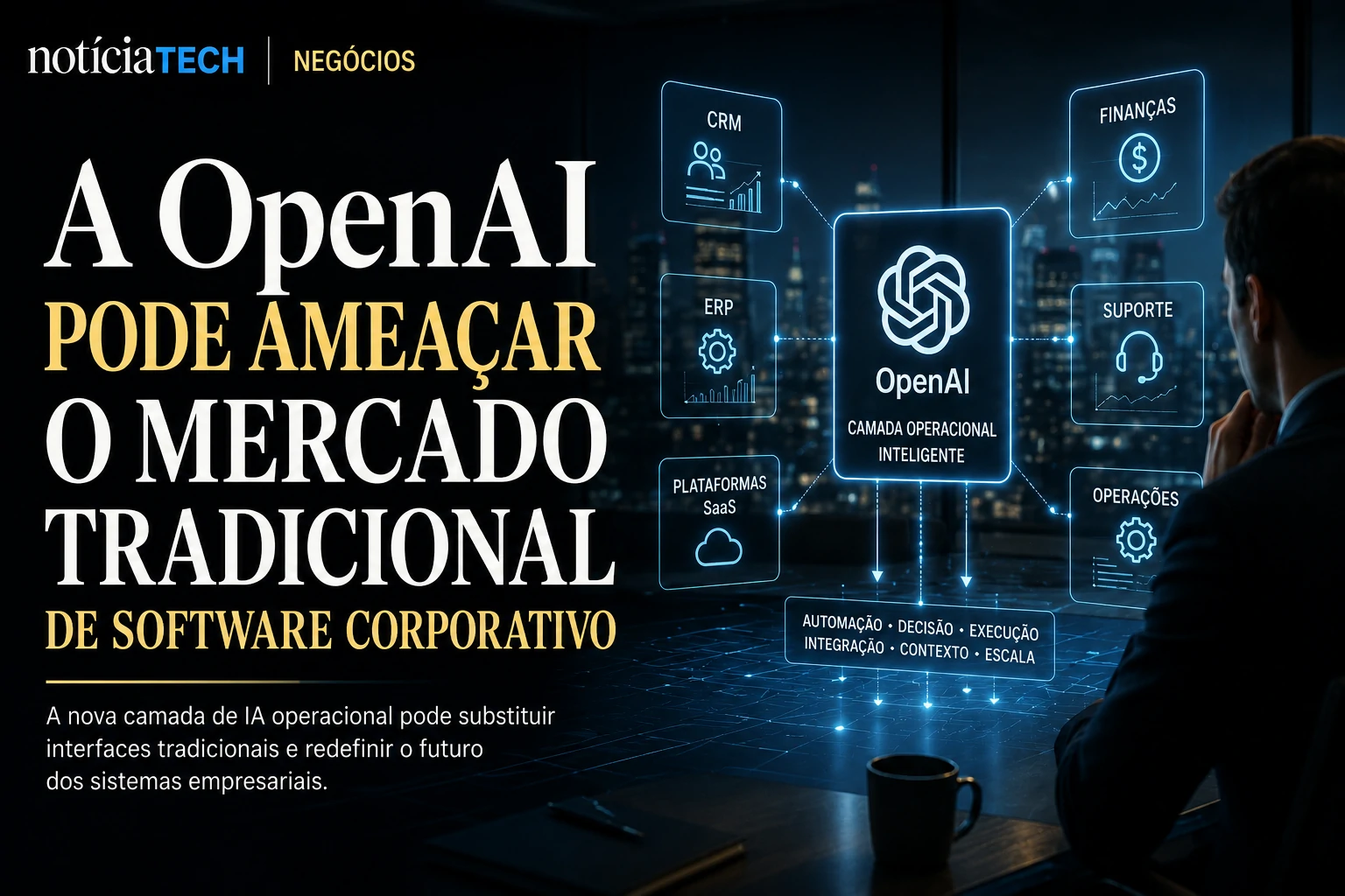 A disputa da IA corporativa começa a ameaçar o mercado tradicional de software empresarial Executivos observando sistemas corporativos integrados com inteligência artificial autônoma