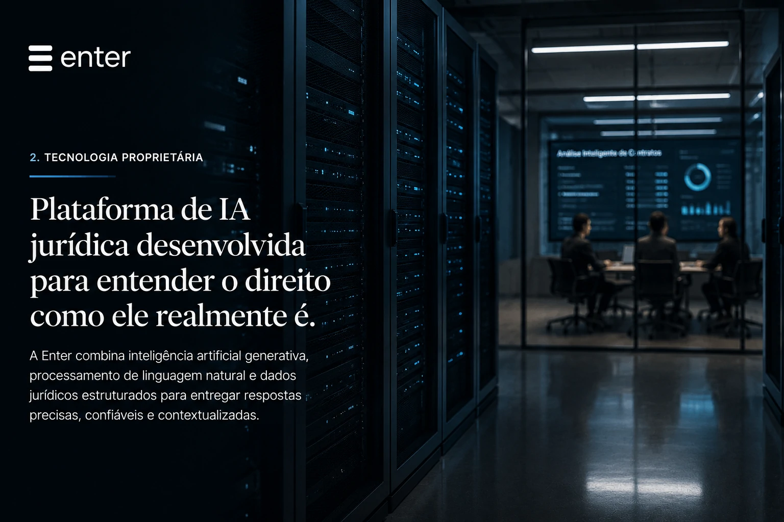 Centro corporativo moderno com advogados e sistemas de IA analisando dados jurídicos automatizados