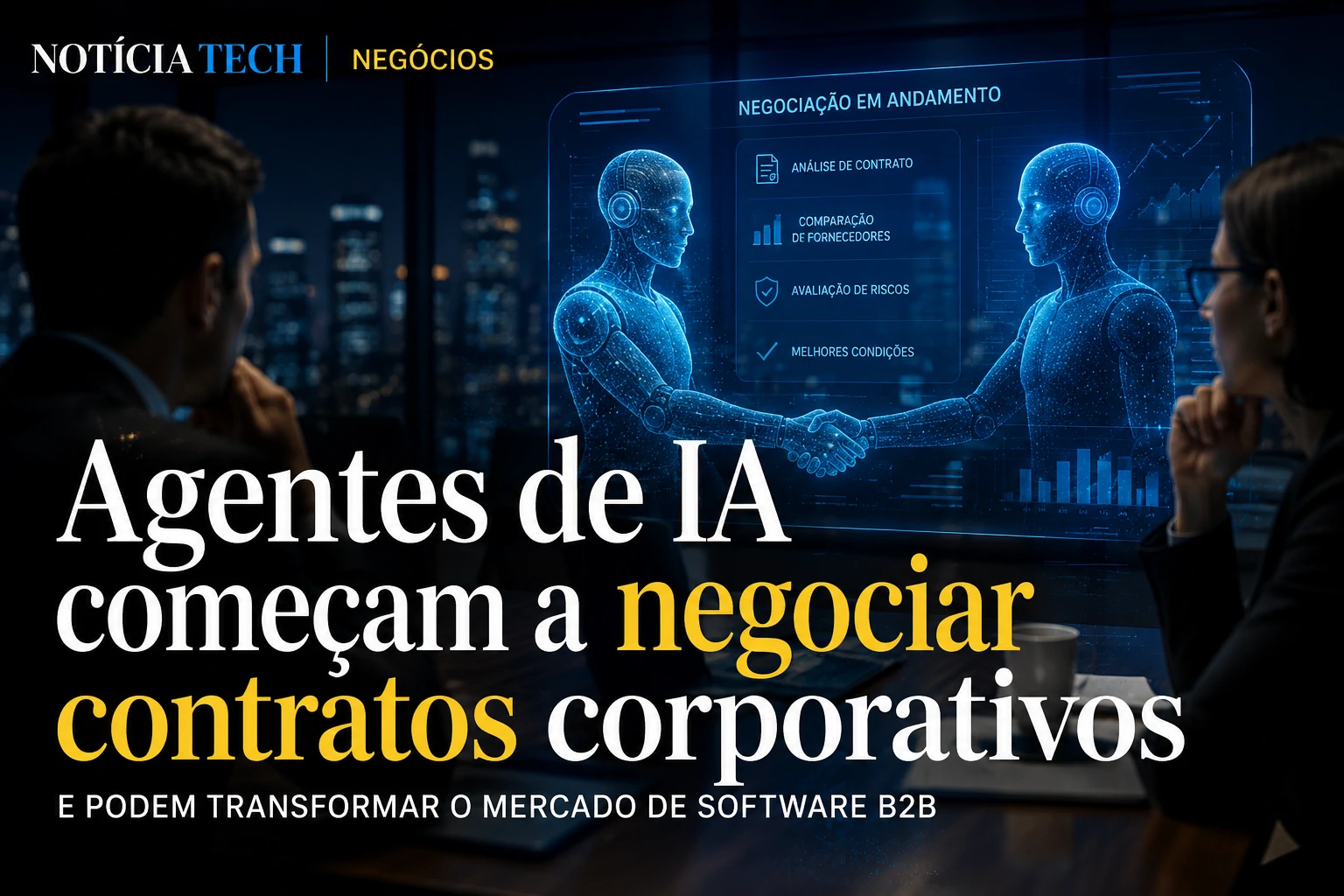Executivos observando agentes de IA negociando contratos corporativos em ambiente digital futurista