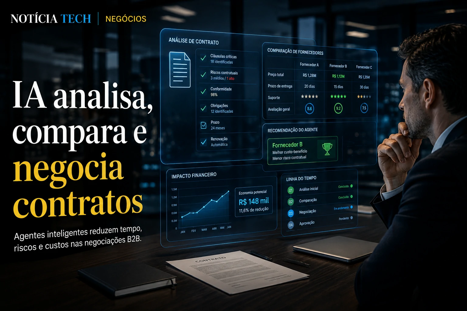 Agentes de IA analisando contratos e negociações corporativas em dashboards futuristas