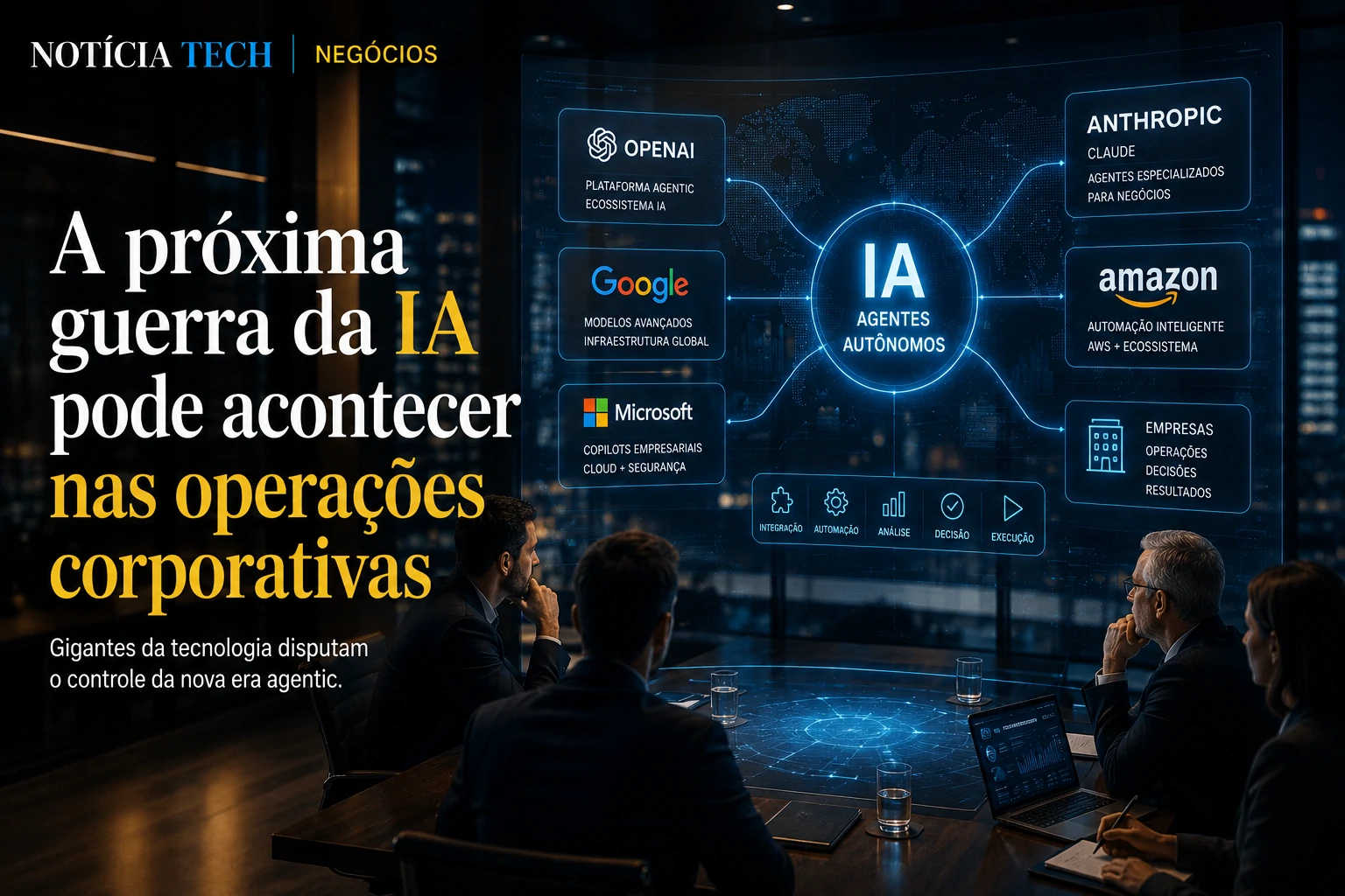 Executivos acompanhando sistemas autônomos de IA tomando decisões de negócios em tempo real
