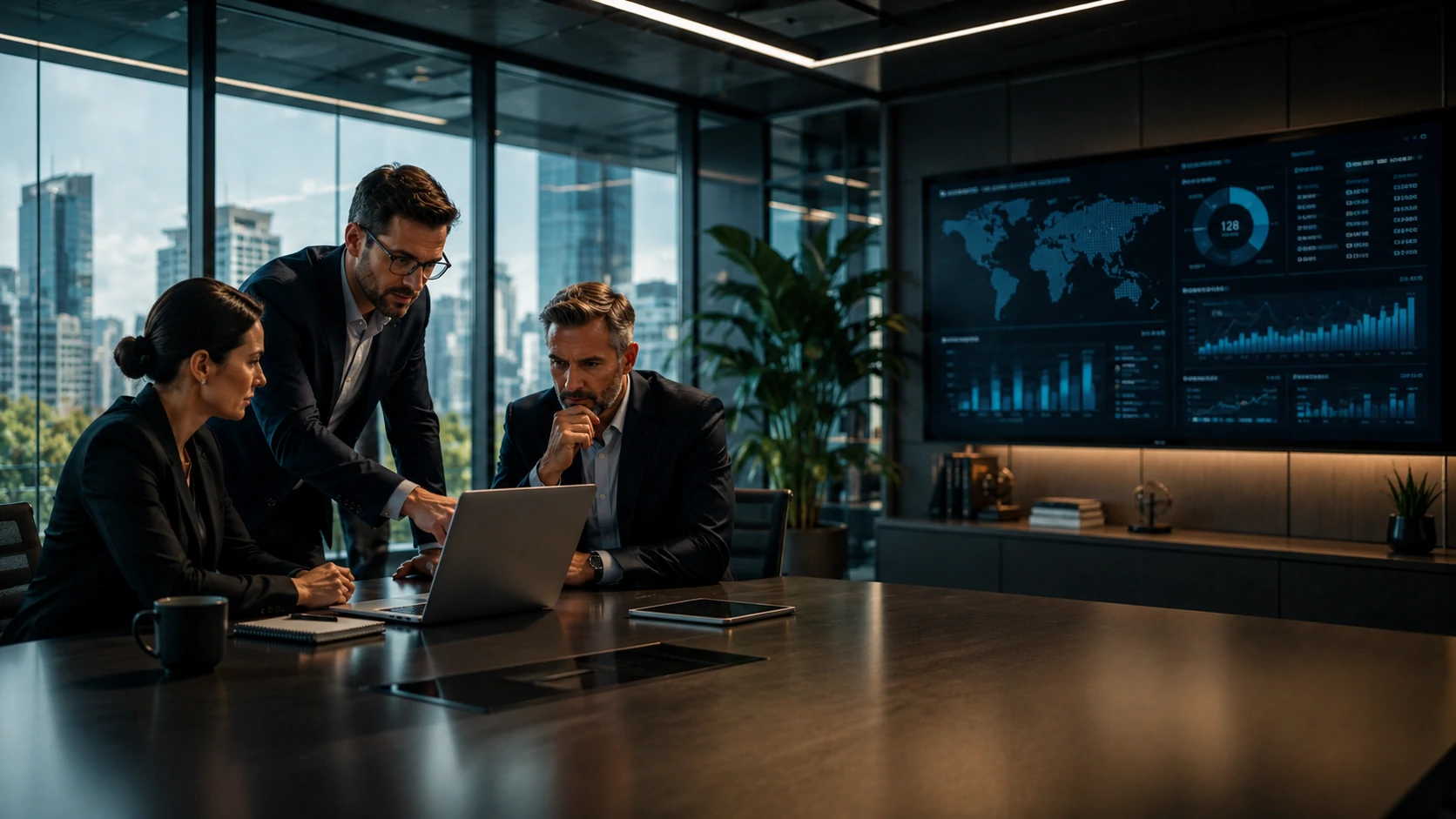 Executives analyzing an artificial intelligence strategy inside a corporate AI Center of Excellence