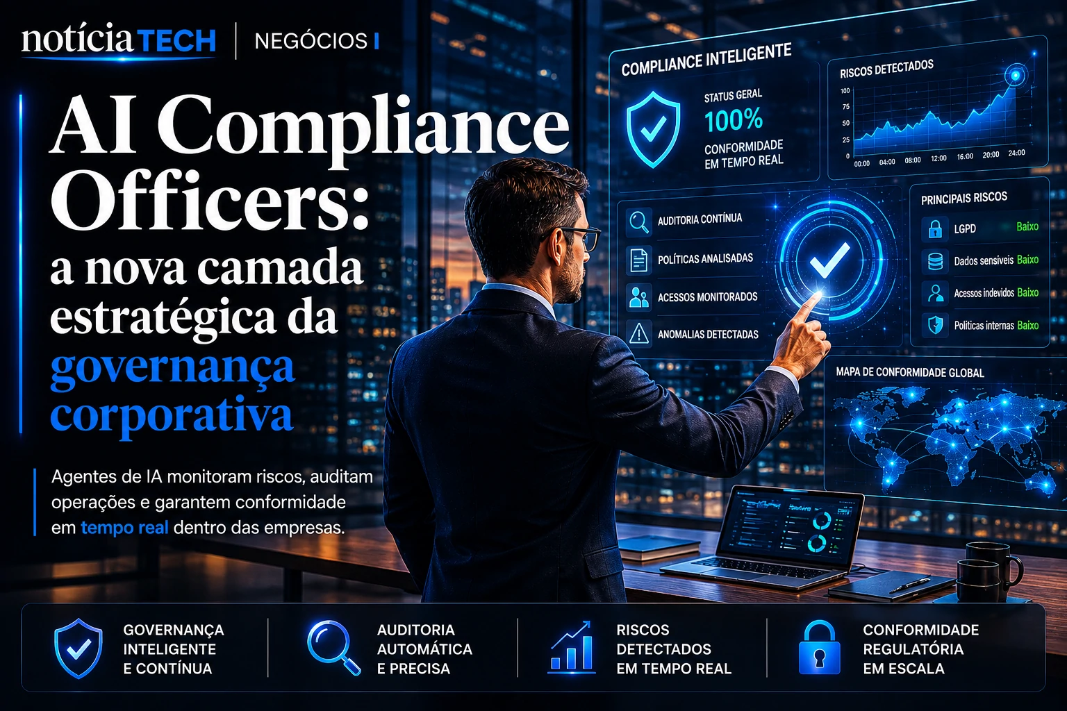 Painel corporativo com métricas de governança e auditoria por IA