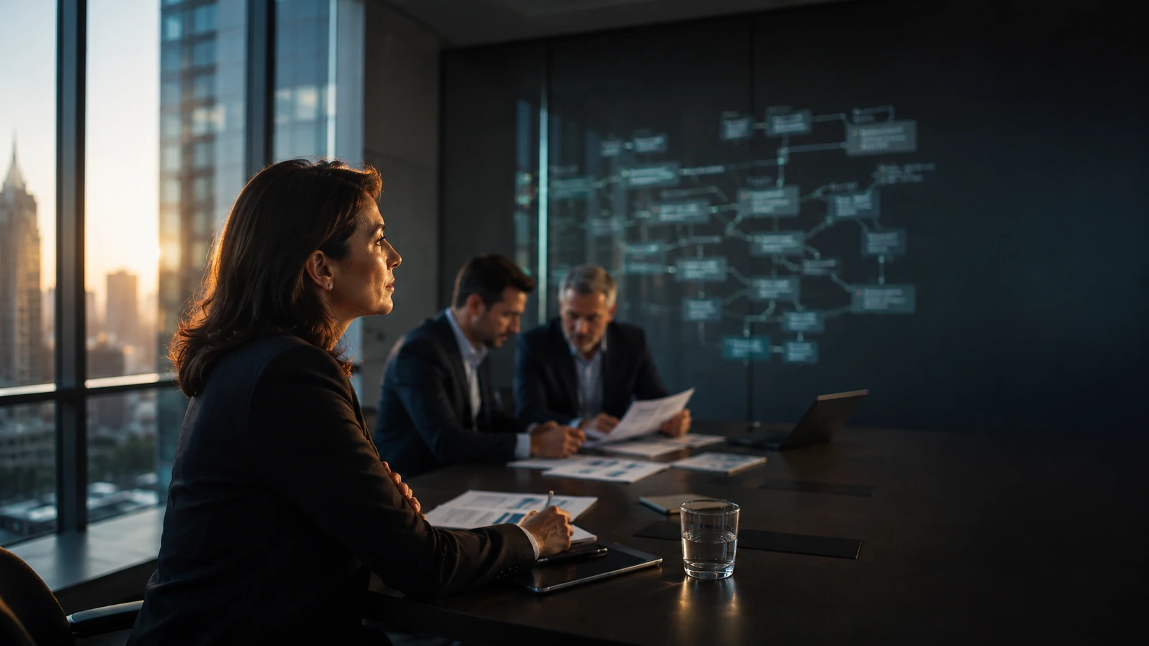 Executivos analisando ecossistema de dados corporativos conectado a agentes de inteligência artificial