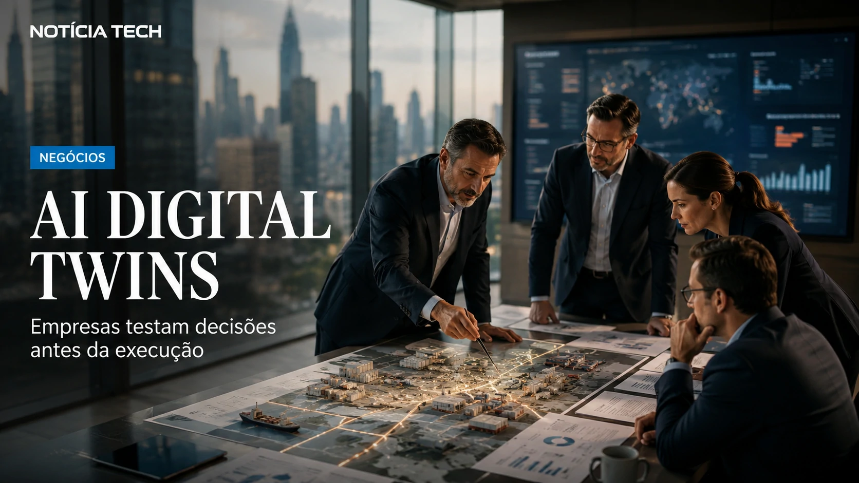 Executivos analisando um gêmeo digital corporativo alimentado por inteligência artificial