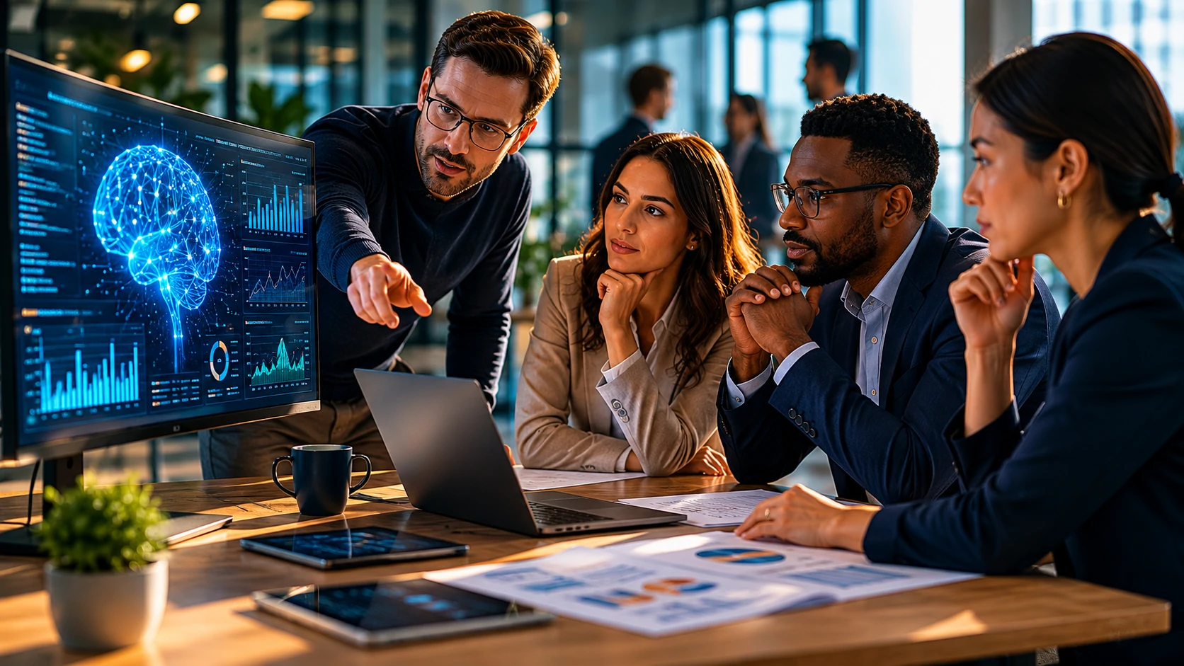 Executives analyzing AI Fluency strategies in a corporate environment