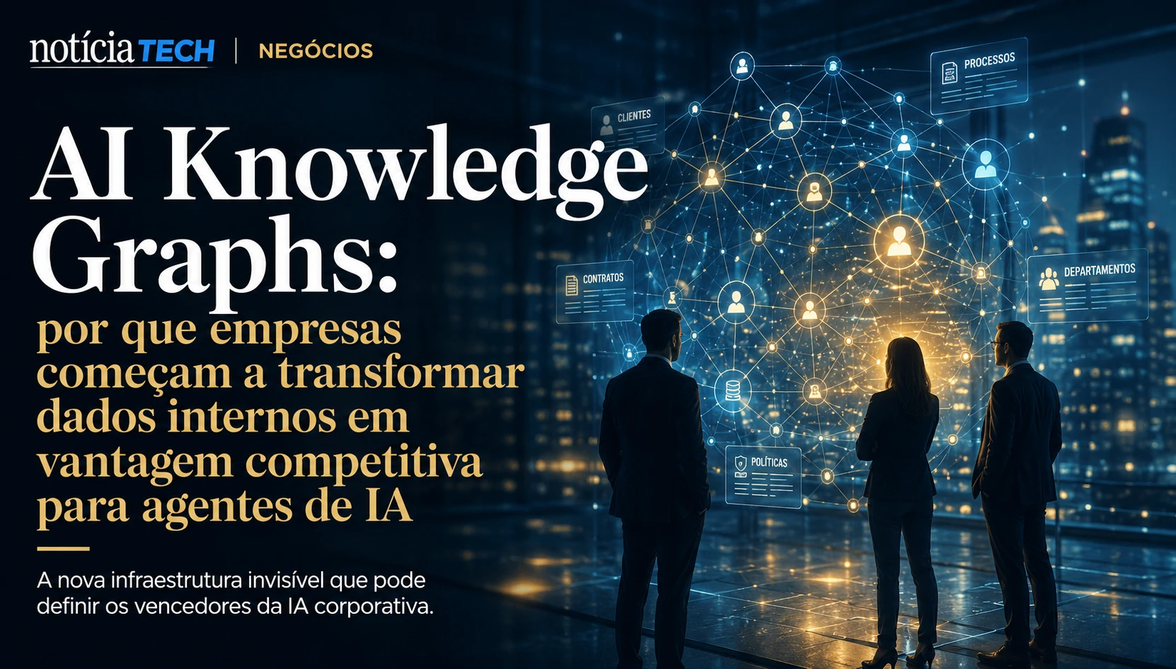 Executivos analisando estrutura holográfica de dados corporativos conectados por IA