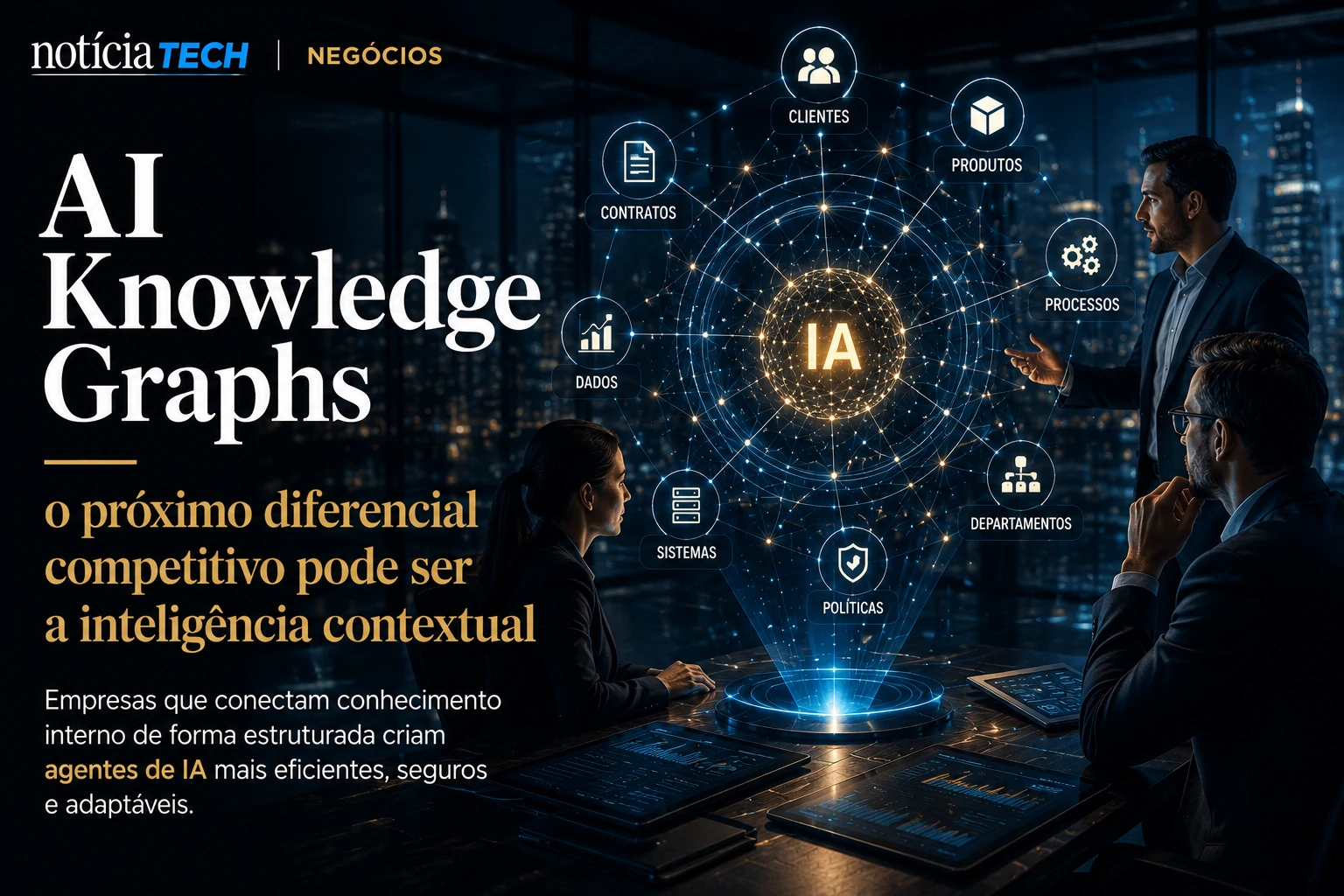 Executivos observando ecossistema de IA conectado por grafos de conhecimento