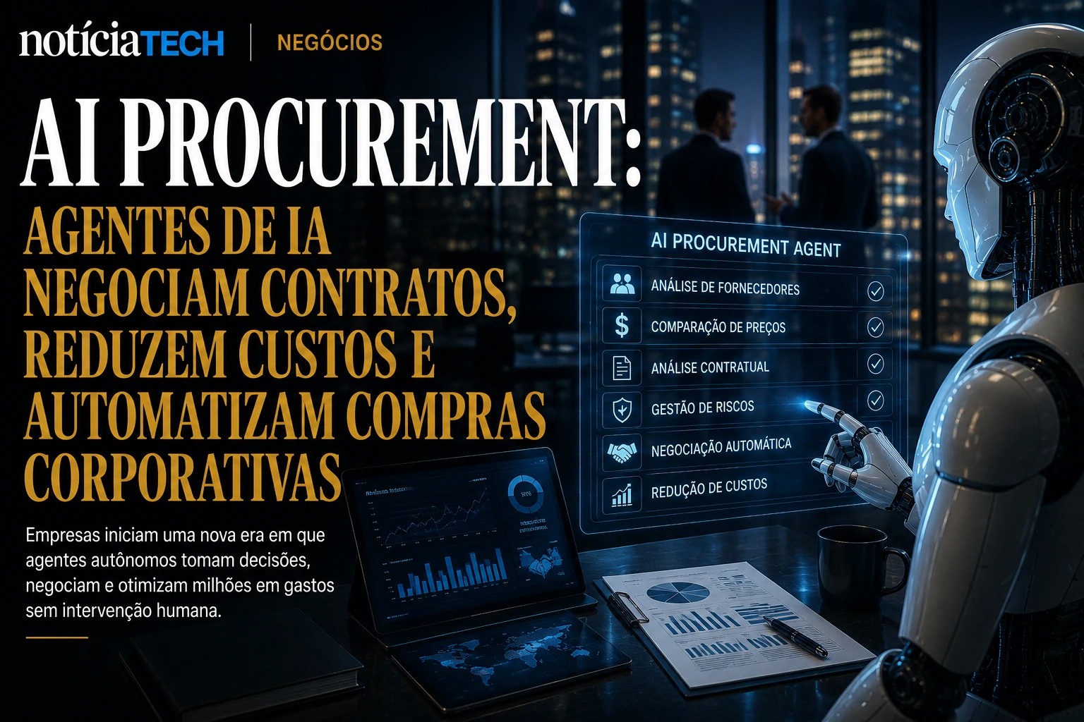 Executivos analisando agentes de IA automatizando compras corporativas em ambiente empresarial moderno