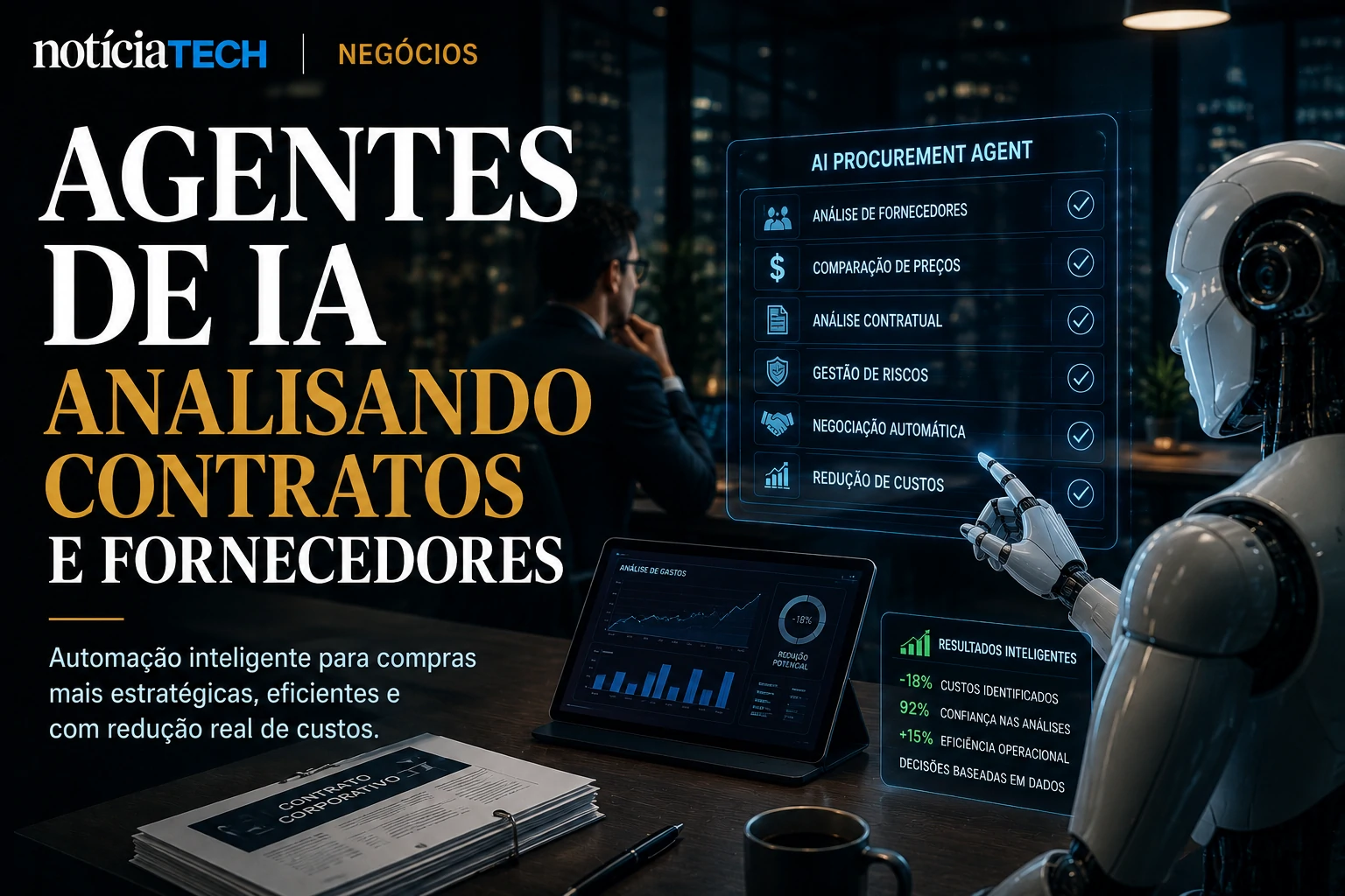 Agentes de IA analisando contratos e fornecedores em dashboards corporativos