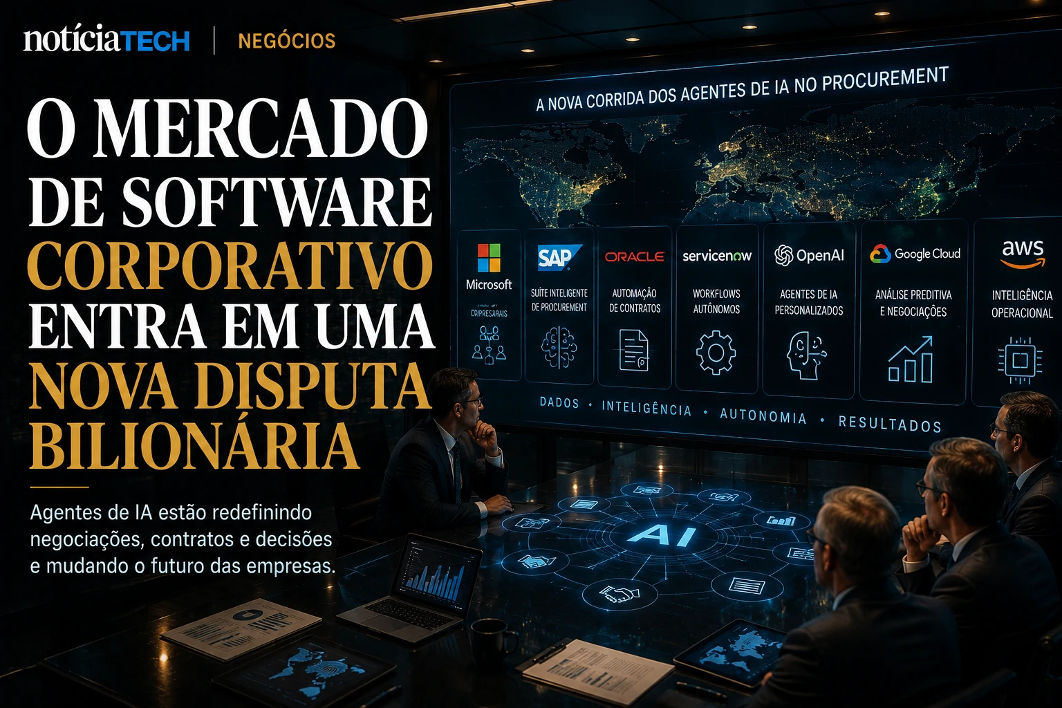 Executivos observando plataformas de IA corporativa redefinindo negociações empresariais