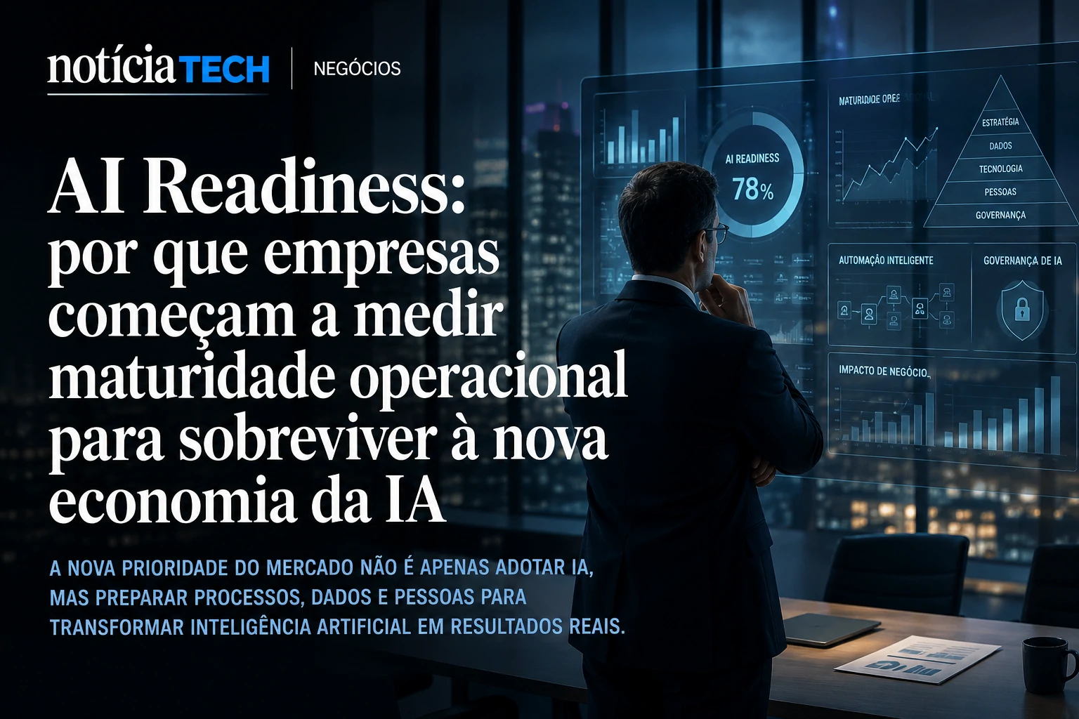 Executivos analisando métricas de maturidade em IA dentro de uma central corporativa futurista