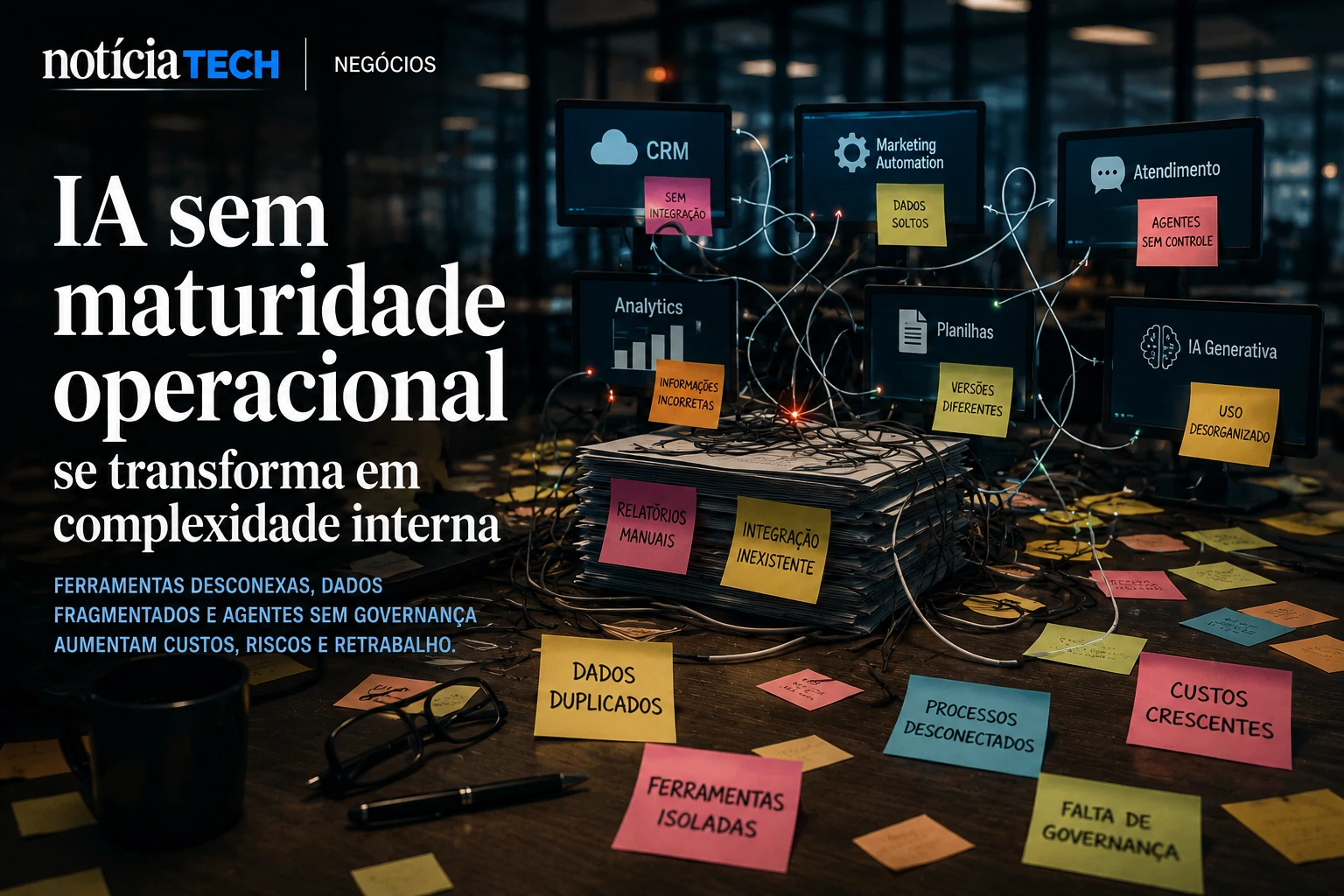 Ambiente corporativo com múltiplos sistemas desconectados e equipes tentando integrar inteligência artificial Complexidade operacional causada por IA