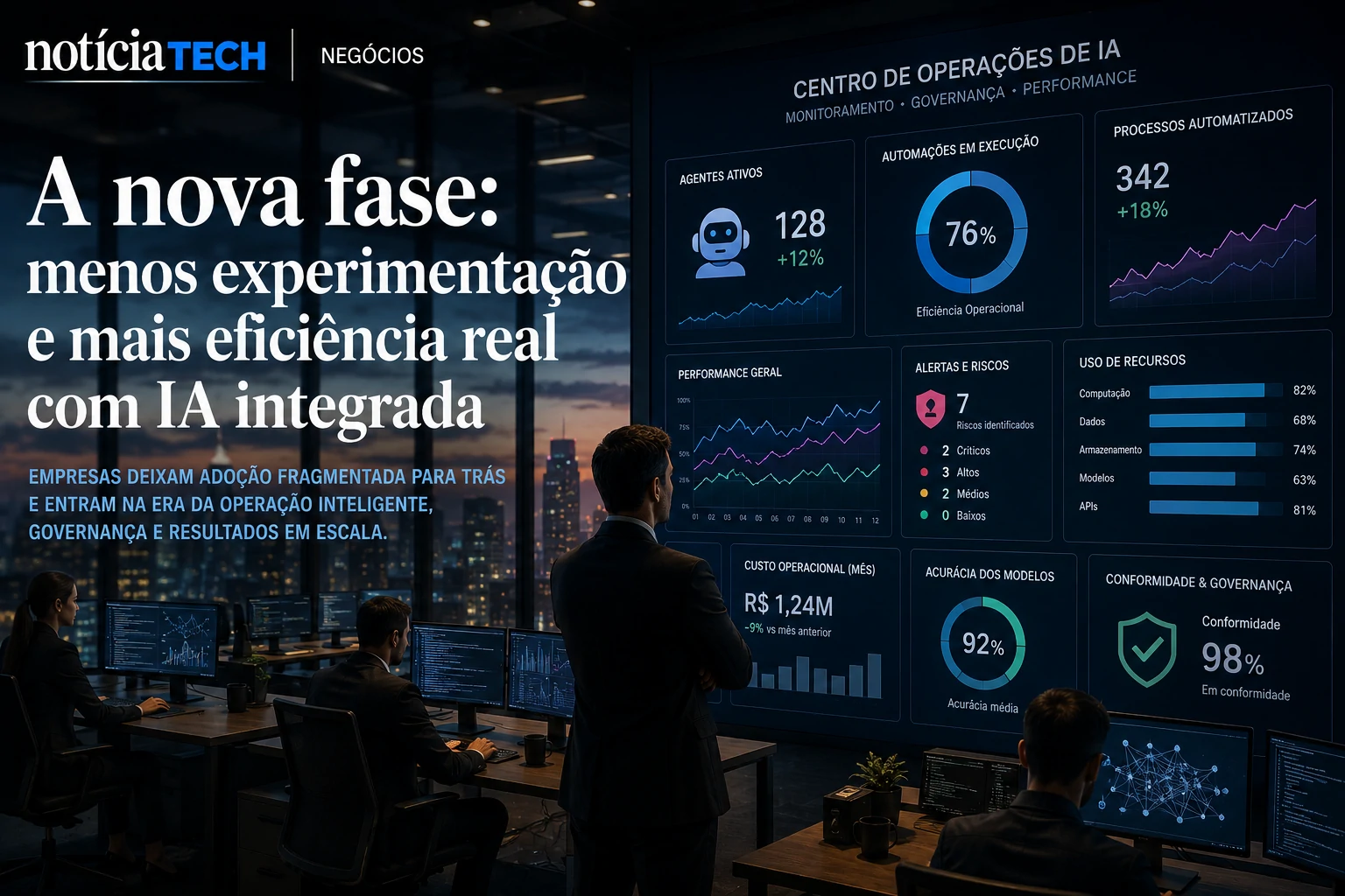 Executivos monitorando operações de agentes autônomos em uma central moderna de inteligência artificial Centro corporativo de operações de IA