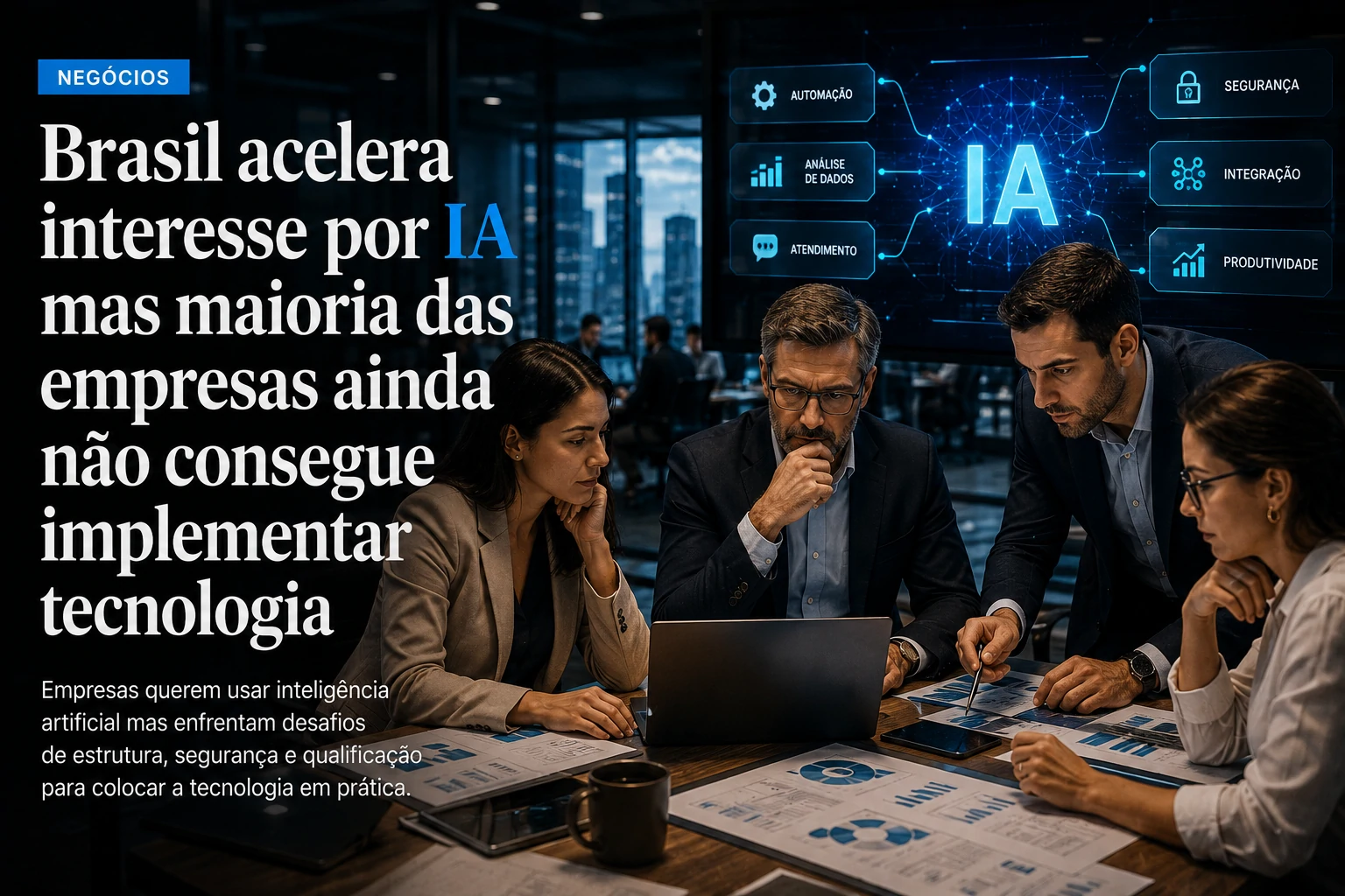 Executivos brasileiros analisando estratégias de inteligência artificial em ambiente corporativo