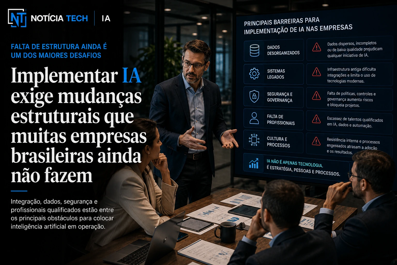 Executivos discutindo dificuldades de implementação de IA